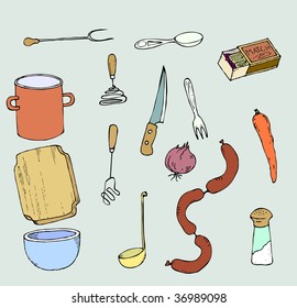 A set of 15 kitchen utensils and food