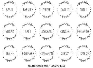 A set of 15 labels for spices. Food stickers for marking jars and containers. Pepper, salt, sugar, ginger, oregano. Elegant hand drawn wreath with handwritten text. Pantry space organization. 