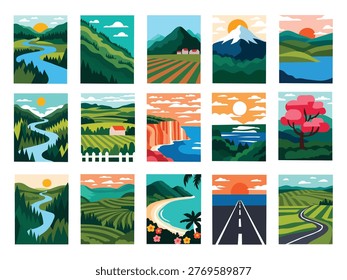 Set of 15 landscape illustrations with nature scenes, flat vector style