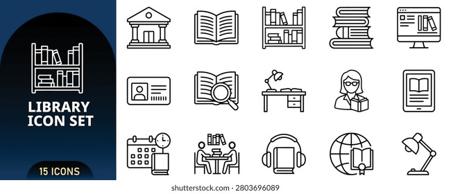 Set of 15 library icons, including books, reading, research, and education symbols, isolated on white background.