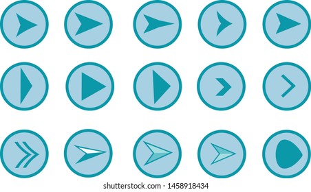 Set of 15 Light blue Play Buttons with different types of arrows.