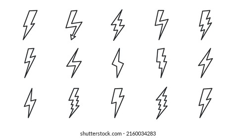 Set of 15 Lightning flat icons. Lined thunderbolts icons isolated on white background. Vector illustration