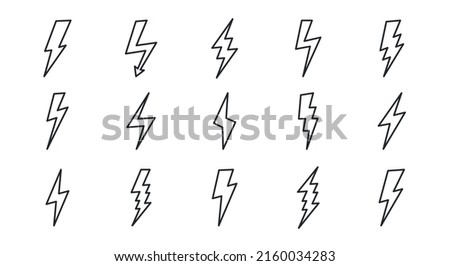 Set of 15 Lightning flat icons. Lined thunderbolts icons isolated on white background. Vector illustration