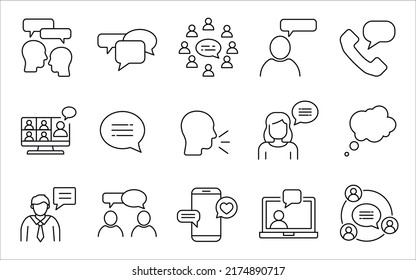 set of 15 line icons related to discussion, talk, social media, chat, communication. Flat icon collection pack. Simple vector icons