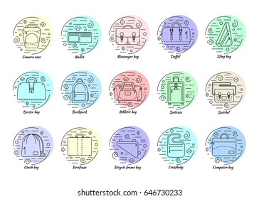 Set of 15 line style icons with decorative elements. Different types of men's bag. Backpack, athletic, satchel, bicycle frame bag, briefcase, messenger, etc. Color backgrounds. Vector illustration.