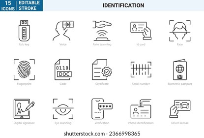 Satz von 15 Zeilen Web-Symbole. Identifizierung und Überprüfung . Enthält Symbole wie ID Passport, Fingerabdruck, Führerschein, Rechtsdokumente usw.