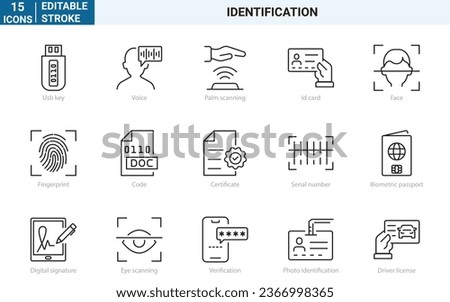 Set of 15 line web icons. identification and Verification . Contains such Icons as ID Passport, Fingerprint, Driving License, Legal documents and more