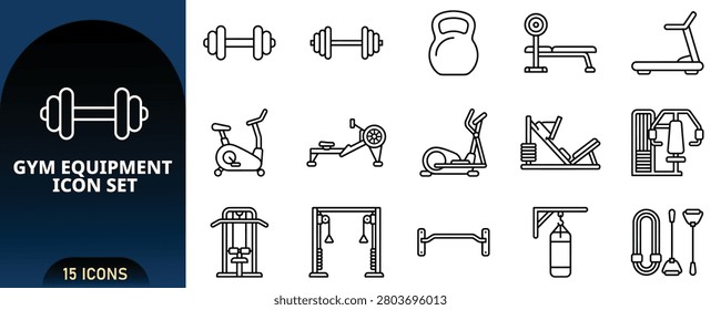 A set of 15 linear icons depicting various gym and fitness equipment, including weights, machines, and cardio gear, isolated on white background.