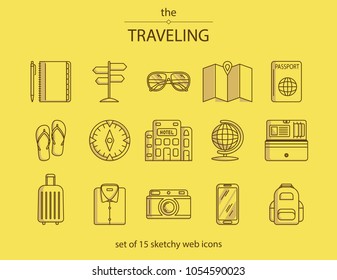 Set of 15 lines web icons with different travel symbols such as notepad, pointer, glasses, map, passport, compass, hotel, globe, purse, shirt, suitcase, camera, phone, backpack.