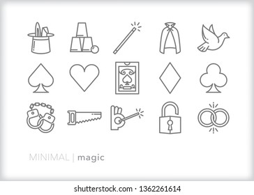 Set of 15 magic line icons of card tricks, slight of hand and illusion for a magician's show