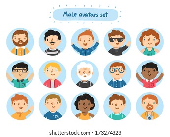 Set of 15 male characters avatars