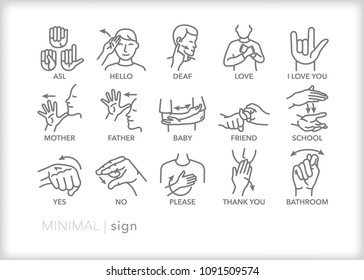 Set of 15 minimal American sign language icons showing basic words and phrases for deaf people to communicate through hand gestures
