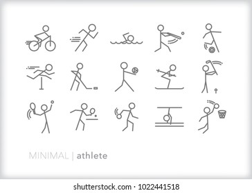 Set of 15 minimal athlete icons of men or women figures in the heat of sport competition throwing a ball, swinging a bat, running, cycling, swimming, and kicking