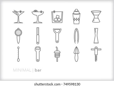 Set Of 15 Minimal Bar Tool Icons For The Bartender Or Home Mixologist Crafting Cocktails And Drinks With Items Such As Strainer, Micro Planer, Peeler, Tongs, Muddler, Stirrer And Shaker