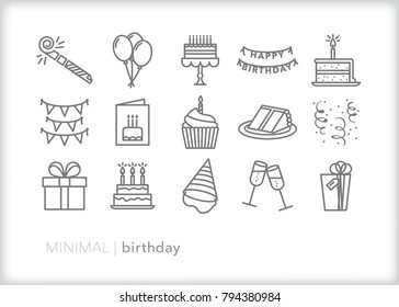 Set of 15 minimal birthday icons for a party celebration including cake, balloons, streamers, banner, presents, hat, noisemaker, cupcake and champagne