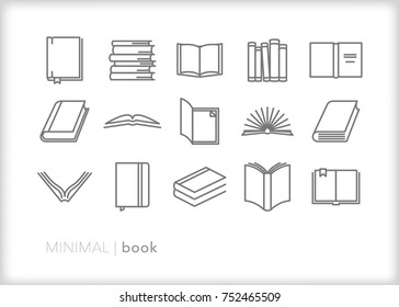 Set of 15 minimal book icons for study, pleasure reading, school, library and academia including pages, stacks, shelf, dust jacket, journal, bookmark and hardback