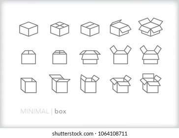 Set of 15 minimal box icons of closed and opened cardboard boxes for mailing, packing, shipping and moving 