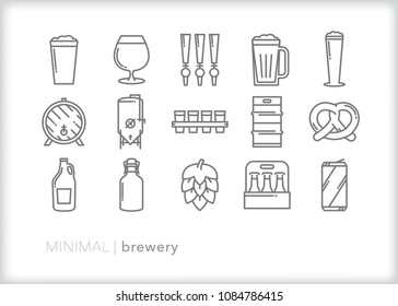 Set of 15 minimal brewery icons including items for the process or making and serving beer including pretzel snack, draft pull, keg, growler, hops, glasses and cans