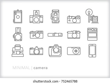 Set of 15 minimal camera icons of SLR film and digital camera bodies through the years including flash, medium format, instant, smart phone, point and shoot, and professional