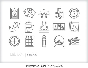 Set Of 15 Minimal Casino And Gambling Icons Including Cards, Slots, Chips, Dice, Cocktail Drink, Bingo, And Cash