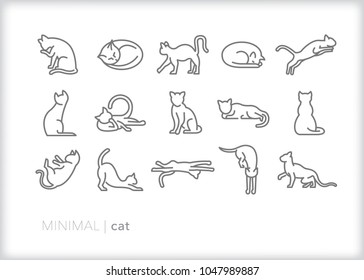 Set of 15 minimal cat icons of adult and kitten felines in various positions of sitting, laying, sleeping, playing, jumping and cleaning