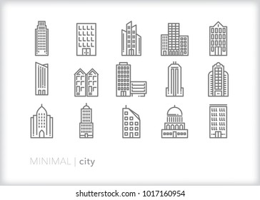 Set of 15 minimal city icons of high rise architectural buildinds including condominiums, businesses, skyscrapers, row houses, parking garage, city hall, and multi-use structures\