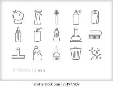 Set of 15 minimal clean icons for household tidying up, scrubbing and disinfecting including items such as bucket, soap, brush, spray bottle, paper towels, essential oil, trash can and dust pan