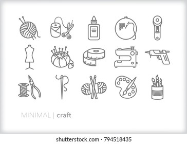 Set of 15 minimal craft icons for hobbies and makers including yarn, glue, needles, sewing machine, wire, paint, brushes, tape, embroidery and scissors