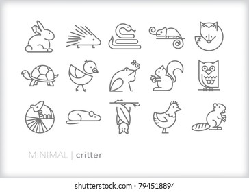 Set of 15 minimal critter icons of small animals and reptiles including fox, bunny, porcupine, snake, lizard, turtle, bird, frog, squirrel, owl, mouse, bat, armadillo, and beaver