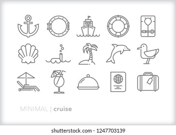 Set of 15 minimal cruise icons for a vacation or travel on a boat or ship to a beach or island animals you'd see near the ocean and items onboard such as food, drink, luggage and pool items