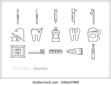 Set of 15 minimal dentist icons for healthy checkups, drilling cavities, annual cleaning, tooth fairy, toothpaste, drill, braces and floss
