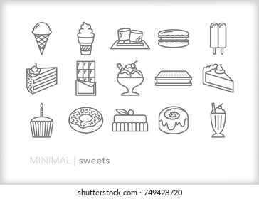 Set of 15 minimal desserts line icons for a sweet tooth including cake, pie, ice cream, cookies, sundae, cupcake, doughnut, cinnamon roll, milkshake, tart and macaroon