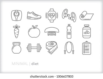 Set of 15 minimal diet icons for weight loss, heath, fitness and exercise including a scale, sneaker, yoga mat, water bottle, food, weights, tape measure, jump rope and vitamin