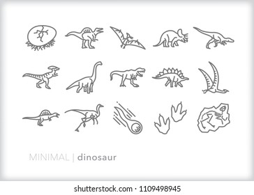 Set Of 15 Minimal Dinosaur Icons Including Egg, Birds, Footprints, Fossil, Meteor As Well As Carnivores And Herbivores