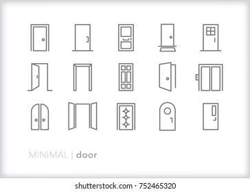 Set Of 15 Minimal Door Icons Showing Various Types Of Home, Business, Office And Front Doors Including French, Elevator, Double, Open, Closed, Arch And Panel Doors