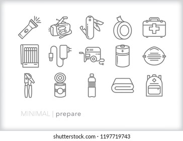 Set Of 15 Minimal Emergency Icons For Preparation For A Natural Disaster Or Terrorist Attack Including Food, Water, Tools, Power, Light And Safety