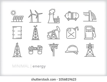 Set of 15 minimal energy icons that represent business, technology, infrastructure and equipment for making and distributing gas, hydro, electric, propane, solar and wind energy to consumers