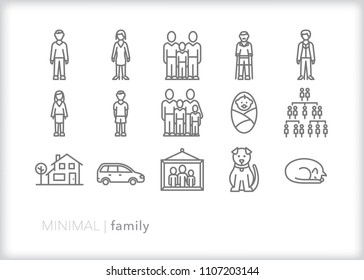 Set of 15 minimal family icons including mom, dad, grandparents, kids, son, daughter, baby, family tree, house family portrait, pets and car