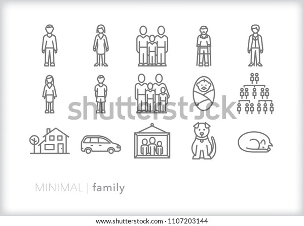 Set of 15 minimal family icons including mom, dad,\
grandparents, kids, son, daughter, baby, family tree, house family\
portrait, pets and car