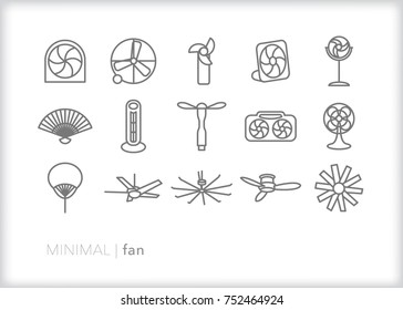 Set of 15 minimal fan icons for cooling off with a breeze of fresh air in the hot summer; includes box fan, personal USB fan, oscillating, ceiling and handheld paper fan