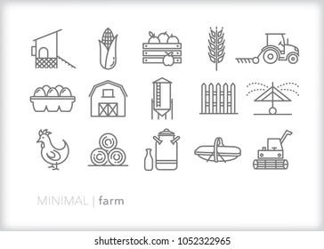 Set Of 15 Minimal Farm Icons Showing Items Seen Around A Rural Family Farm Such As Chicken, Coop, Fence, Barn, Silo, Milk Jug, Combine, Tractor, Harvester, Sprinkler, Eggs And Produce