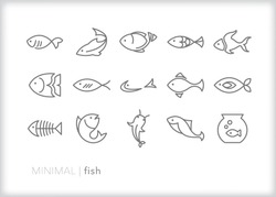 Set Of 15 Minimal Fish Icons Showing Aquatic Animals With Various Fins, Scales, Tails And Gills Swimming In Water, As A Skeleton Or In A Bowl