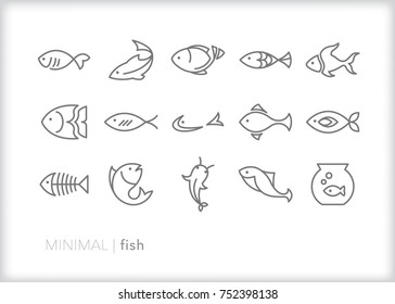 Набор из 15 минимальных иконок с изображением водных животных с различными плавниками, чешуйками, хвостами и жабрами, купающимися в воде, в виде скелета или в миске