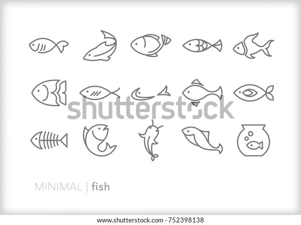 Set of 15 minimal fish icons showing aquatic animals\
with various fins, scales, tails and gills swimming in water, as a\
skeleton or in a bowl