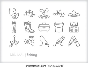 Set Of 15 Minimal Fishing Icons Of Outdoor Recreation Including Line, Lure, Lake, Boat, Dock, Hook, Pole, Reel, Worm, Tackle Box And Clothing Such As Waders And A Vest