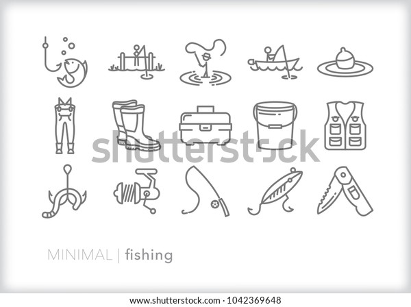 Set of 15 minimal\
fishing icons of outdoor recreation including line, lure, lake,\
boat, dock, hook, pole, reel, worm, tackle box and clothing such as\
waders and a vest
