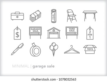 Set Of 15 Minimal Garage Sale Icons Relating To Hosting A Neighborhood Yard Sale Including Cash And Coins, Folding Chair And Table, Signs, Tags, Marker, Balloons And Boxes