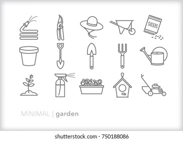 Set of 15 minimal garden icons for yard work, hobbyists, landscapers and weekend warriors to plant flowers, weed, water, dig, trim and hang a birdhouse