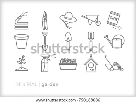 Set of 15 minimal garden icons for yard work, hobbyists, landscapers and weekend warriors to plant flowers, weed, water, dig, trim and hang a birdhouse