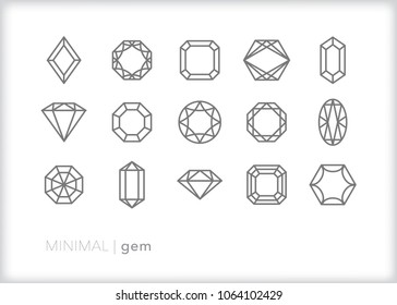 Set of 15 minimal gem icons for geology, art, jewelry, rings and fashion including various types of cuts and shapes